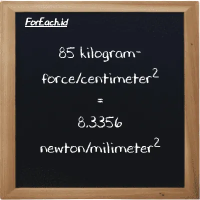 How to convert kilogram-force/centimeter<sup>2</sup> to newton/milimeter<sup>2</sup>: 85 kilogram-force/centimeter<sup>2</sup> (kgf/cm<sup>2</sup>) is equivalent to 85 times 0.098066 newton/milimeter<sup>2</sup> (N/mm<sup>2</sup>)